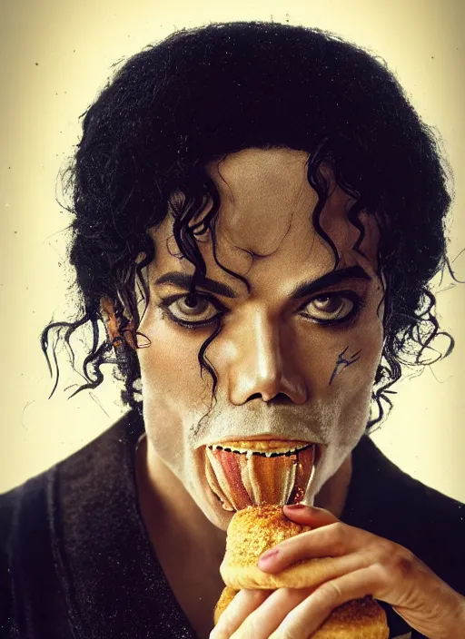 Image similar to closeup portrait of a medieval michael jackson eating cakes in the abbey, depth of field, zeiss lens, detailed, symmetrical, centered, fashion photoshoot, by annie leibovitz and steve mccurry, david lazar, jimmy nelsson, breathtaking, 8 k resolution, extremely detailed, beautiful, establishing shot, artistic, hyperrealistic, beautiful face, octane render