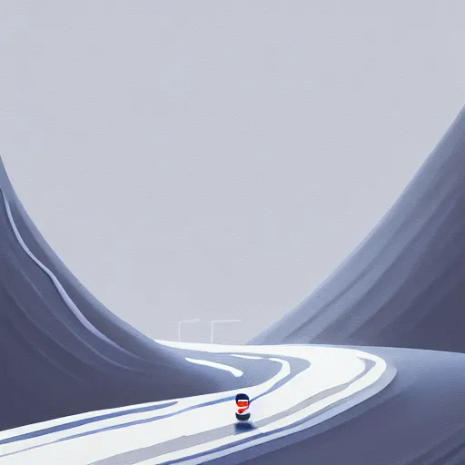 Prompt: Goro Fujita ilustration a road that descends from the top of the mountain giving curves with snow, painting by Goro Fujita, sharp focus, highly detailed, ArtStation
