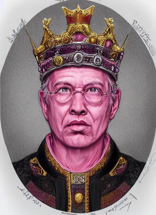 Prompt: portrait of the bubble gum emperor [ [ [ king ] ] ] made entirely of [ [ [ [ bubble gum ] ] ] ], crown, highly detailed, intricate, by greg rutkowski, james gurney, wlop, artgerm