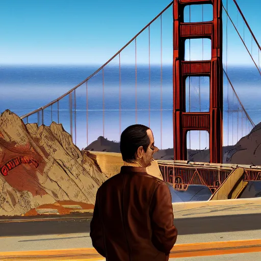 Image similar to full - frame of tony shalhoub, wearing a brown leather - jacket, as a character from gtav, looking at camera, intricate, extremely detailed, in the background golden gate bridge, concept art, artstation