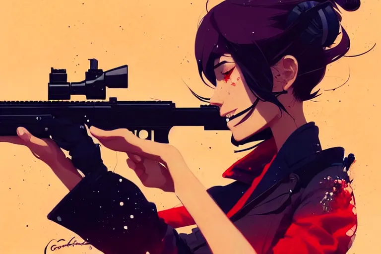 Prompt: a ultradetailed beautiful panting of a stylish woman shooting a rifle, by conrad roset, greg rutkowski and makoto shinkai, trending on artstation