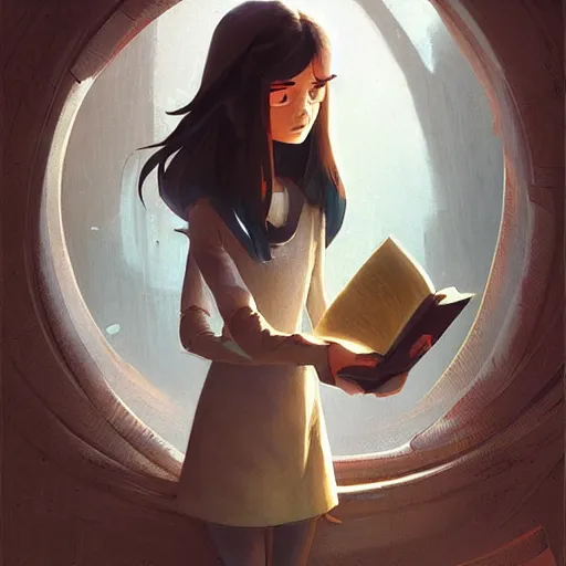 Prompt: a pixar girl reading a book, long hair flowing down, symmetrical!, style of by Jordan Grimmer and greg rutkowski, crisp lines and color,