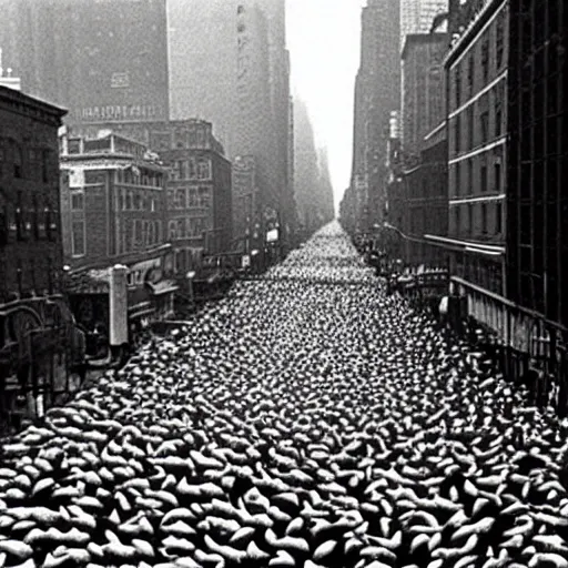 Image similar to many ducks and geese invading a street in New York in 1970, vintage cars, black and white photo