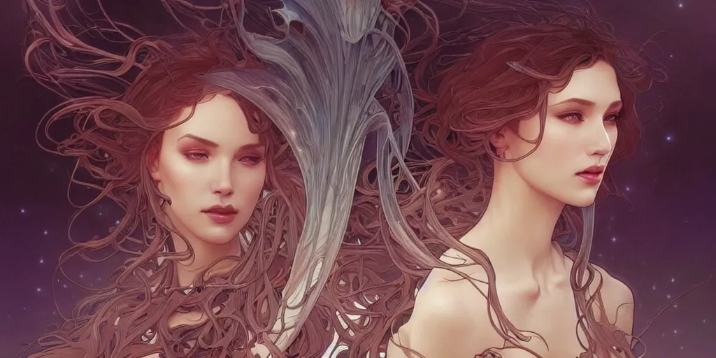 Image similar to beautiful woman is an angelic version of her self, dark surrealism , scifi, intricate, elegant, highly detailed, artstation, concept art, smooth, sharp focus, illustration, art by artgerm and moebius and alphonse mucha