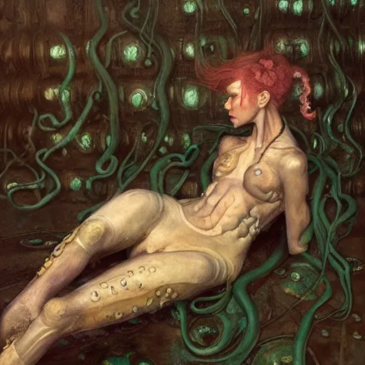 Prompt: a sad humanoid octopus girl with tentacles instead of limbs sitting on the floor, oil painting by Edgar Maxence and Ross Tran and Michael Whelan and greg rutkowski