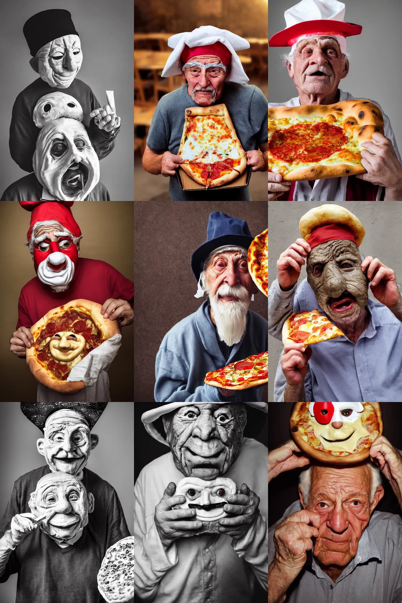 Prompt: close - up portrait of a wrinkled old man wearing a pulcinella mask holding up a pizza!! to behold, clear eyes looking into camera, baggy clothing and hat, masterpiece photo by unknown