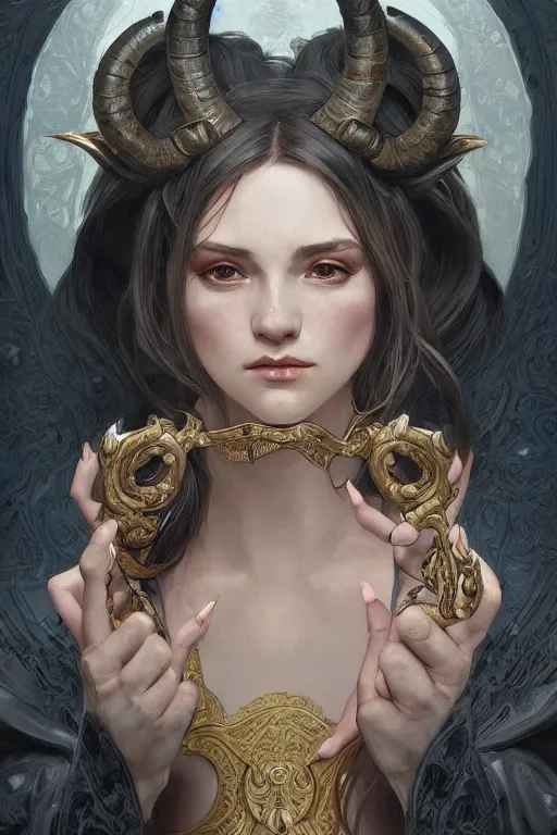 Prompt: Portrait of beautiful demon peasant maiden with horns, intricate, elegant, highly detailed, digital painting, artstation, concept art, smooth, sharp focus, illustration, art by artgerm and greg rutkowski and alphonse mucha