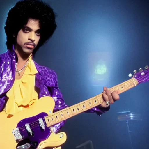 Image similar to candid photo of Prince playing guitar in purple rain reality