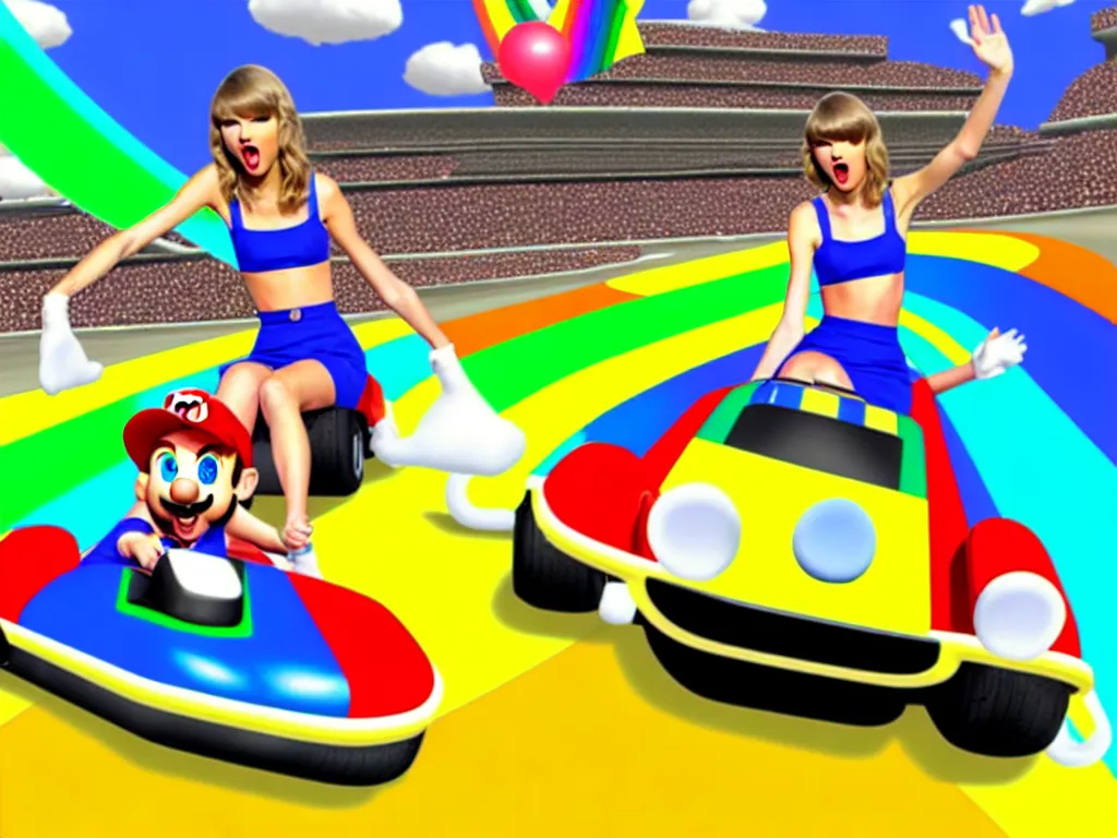 Image similar to taylor swift on rainbow road mario kart wii map retro