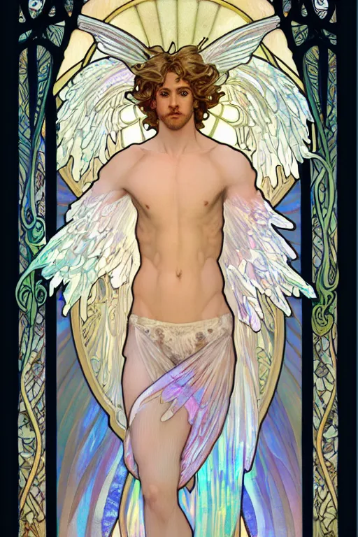 Image similar to full figure art nouveau window depicting a beautiful young fit male angel with curly blond hairs, dressed with fluent clothes, majestic wings, luminous halo, by alfons mucha, d & d character, gradient white to gold, in front of an iridescent background, highly detailed portrait, digital painting, artstation, concept art, smooth, sharp focus, illustration, artstation hq