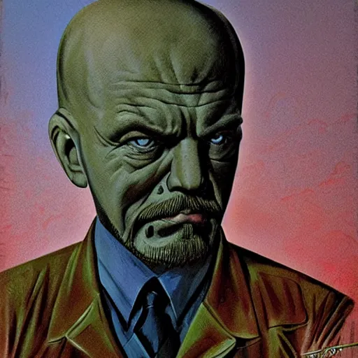 Image similar to portrait of vladimir lenin as evil gremlin by vincent di fate, artgrem, glenn fabry, jason edmiston, vivid colors, retro, comic book