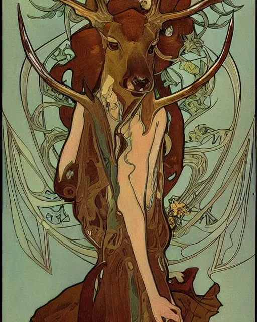 Image similar to an art nouveau painting of a deer with antlers, highly detailed, intricate, artstation, by alphonse mucha and james gurney