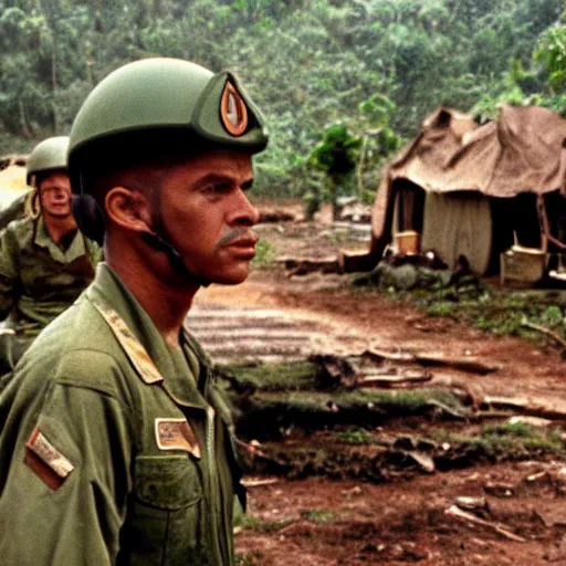 Prompt: military bases in the jungle, 1 9 8 7, movie still