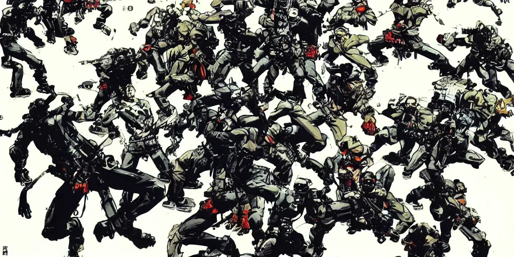 Prompt: a tight shot of a dozen monkeys attacking people in Japan by Yoji Shinkawa and Ashley Wood, rule of thirds