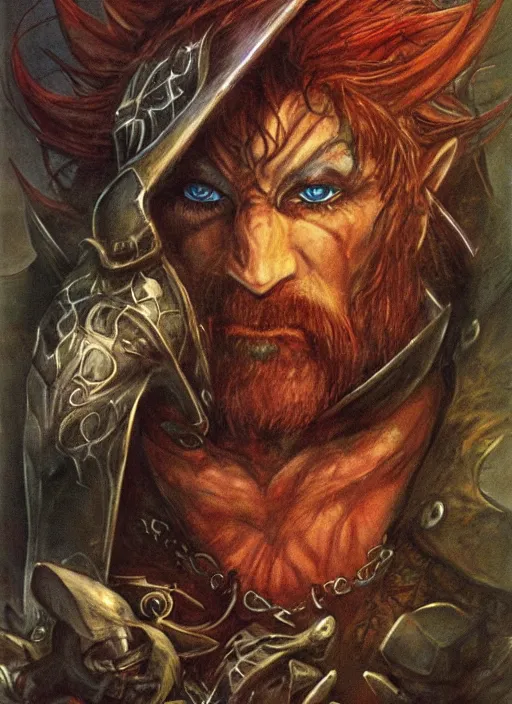 Image similar to portrait of dwarvern wizard, beautiful! coherent! dungeons and dragons character, by brian froud, strong line, deep color, leather armor, short red hair, high contrast