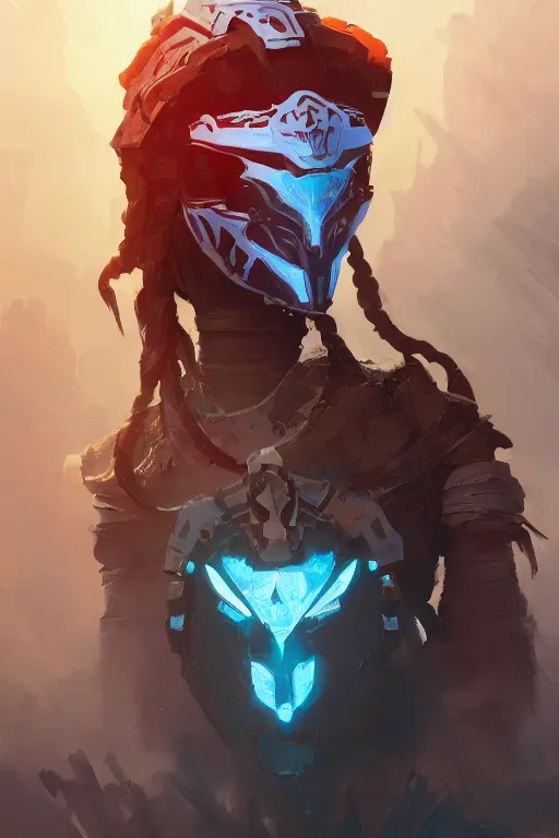 Image similar to combination suit armor aloy horizon forbidden west horizon zero dawn robot ninja mask helmet backpack tribal, fanart behance hd artstation by jesper ejsing, by rhads, makoto shinkai and lois van baarle, ilya kuvshinov, ossdraws