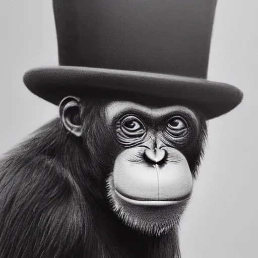 Image similar to portrait painting of an anthropomorphized orangutan, wearing a monocle and a small bowler hat, oversized mustache. dark outlining style. highly detailed. trending on artstation. slightly surreal, hyper realistic. style of chuck u