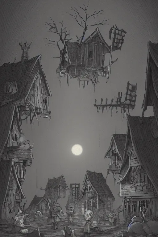 Image similar to Nightmare Village by John Kenn Mortensen, Trending on artstation, artstationHD, artstationHQ, 4k, 8k