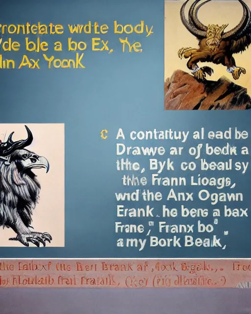 Image similar to a creature with the body and eyes of a man, with the beak of an eagle, the mane of a lion, and the horns of an ox. drawn by frank frazetta