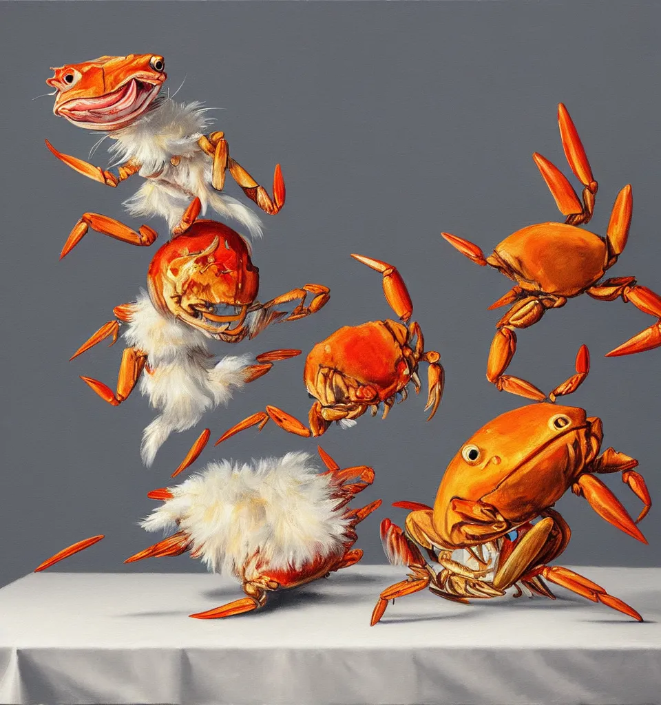Prompt: still life painting of a fish rabbit dancing with an angry crab duck on a white table, high contrast lighting, impressionism, real fur, real feather