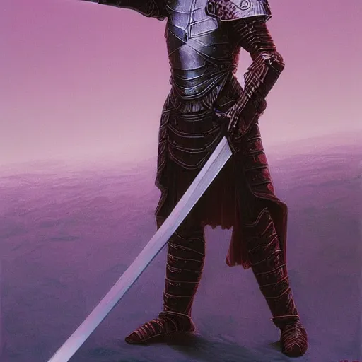 Image similar to albino wearing armor and wielding a long black sword, by michael whelan