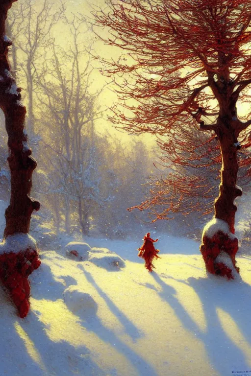 Image similar to winter, one giant red tree, ground covered with snow, extreme long shot, fantasy, painting by gaston bussiere, craig mullins, j. c. leyendecker, trending on artstation