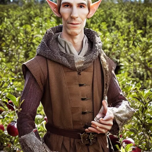 Image similar to realistic portrait of a slender elven man, standing in an apple orchard, dressed in medieval clothes, very handsome, dungeons and dragons