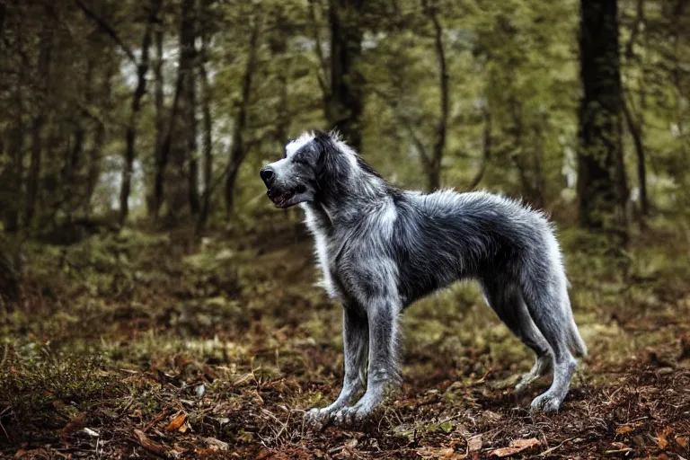 Image similar to canine werecreature, color photograph captured in the woods