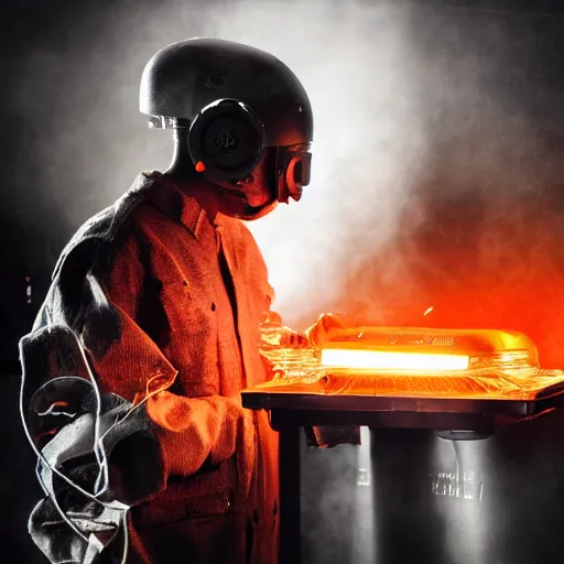 Image similar to cyborg toaster oven repairman, dark messy smoke - filled cluttered workshop, dark, dramatic lighting, orange tint, sparks, plasma rays, cinematic, highly detailed, sci - fi, futuristic, movie still