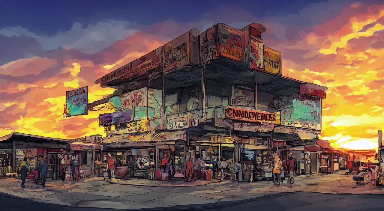 Image similar to convenience store roadside south west sunset sky beautiful artstation 4 k breathtaking graphic novel concept art illustration cartoon by jack kirby