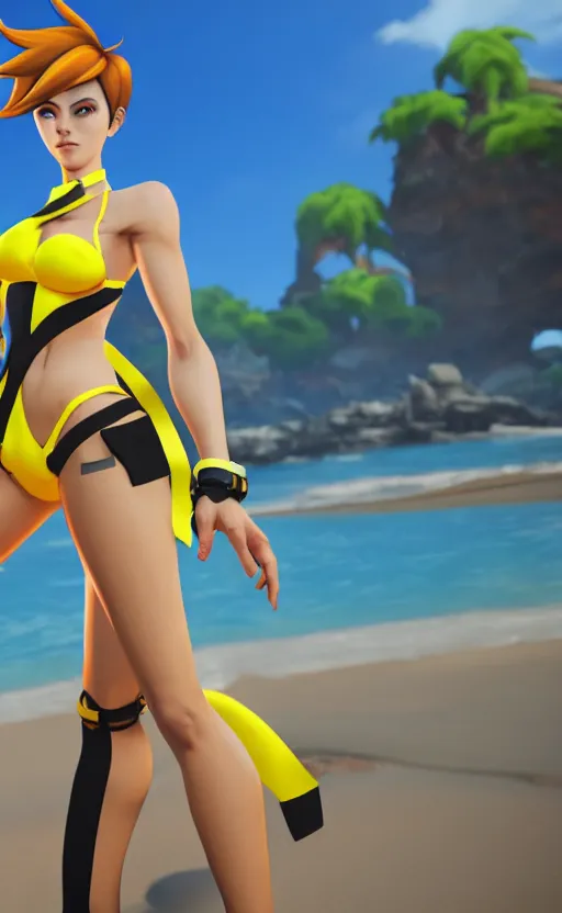 Image similar to tracer game character, in yellow bikini, blonde hair, black eyes, full height