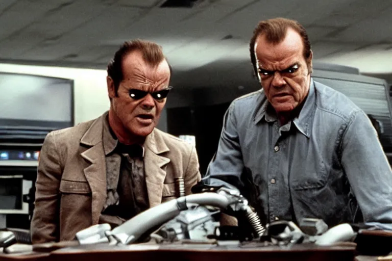 Image similar to Jack Nicholson plays Terminator, scene where he uses computer, still from the film
