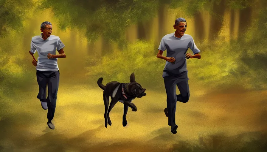 Prompt: Barack Obama running with a dog in the forest. Beautiful anime lush forest background. Golden hour. Trending on art station