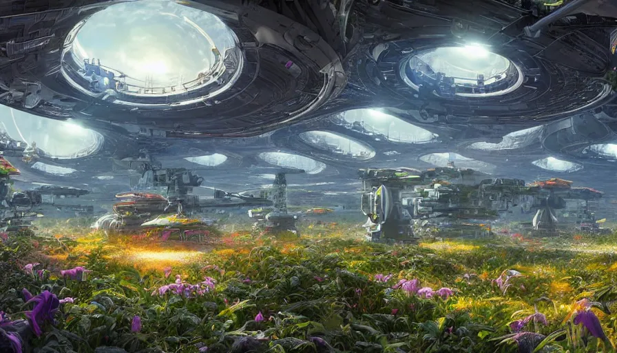 Prompt: highly detailed digital matte painting of automated robot harvesting beautiful gardens on a massive space station, by Raphael LaCoste and Stephan Martiniere and Justin Gerard and Robert McCall, postcyberpunk, geodesic dome, hyperdetailed, sunrise, wide shot, autochrome, octane render