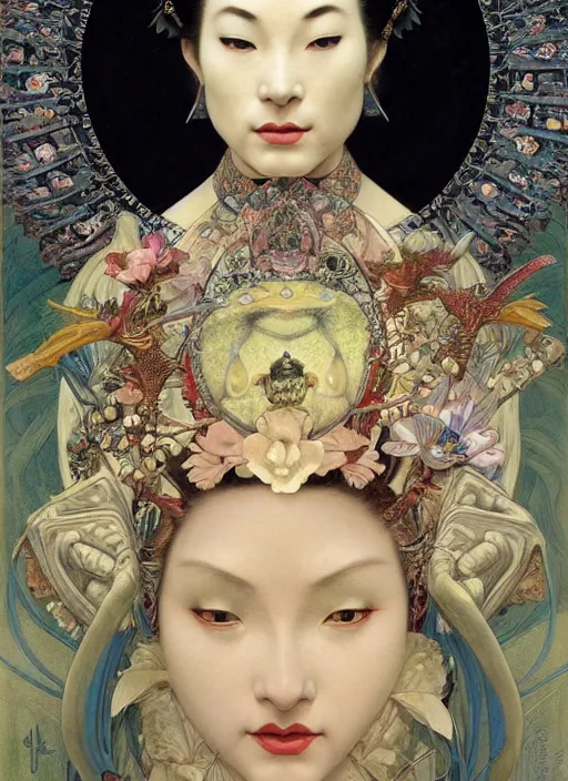 Prompt: hyper realistic painting of the queen of geishas, obsidian ornaments, ruby patterns, detailed face, intrincate detail by wayne barlowe, gustav moreau, goward, gaston bussiere and roberto ferri, santiago caruso, and austin osman spare, ( ( ( ( occult art ) ) ) ) bouguereau, alphonse mucha, saturno butto