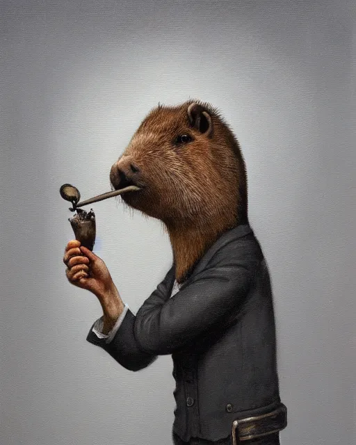 Prompt: oil painting of the profile side of a realistic anthropomorphized capybara holding a smoking pipe in his right hand, with old detective clothes, close shot, full body, dark steampunk mine shaft background, sharp focus, fantasy style, octane render, volumetric lighting, 8k high definition, by greg rutkowski, highly detailed, trending on art Station, dungeons and dragons artwork, centered