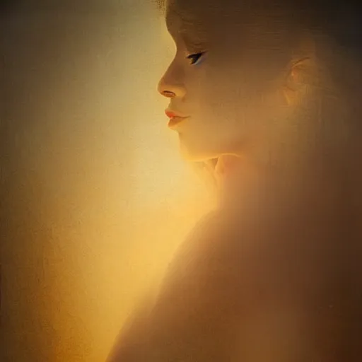 Prompt: dreamlike, portrait, goddess, golden shadows, light rays