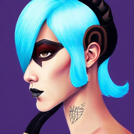 Image similar to illustrated realistic portrait of ram-horned devil woman with blue bob hairstyle and her tan colored skin and with solid black eyes wearing leather by rossdraws