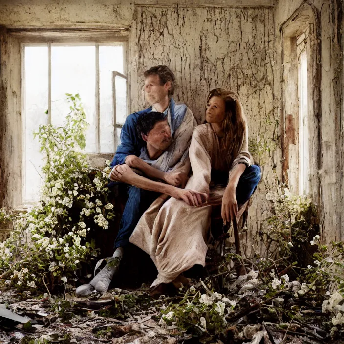 Image similar to closeup portrait of a couple eating flowers, in a desolate abandoned house overtaken by nature, by Annie Leibovitz and Steve McCurry, natural light, detailed face, CANON Eos C300, ƒ1.8, 35mm, 8K, medium-format print