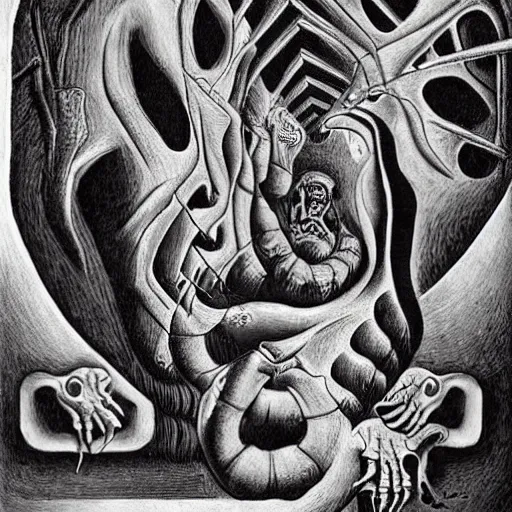 Prompt: high quality rendition of a horrifying man eater by m. c escher, m night shamalan, steven king and h. p. lovecraft. this will keep me up at night.