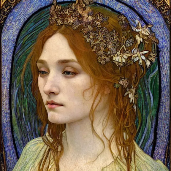 Image similar to detailed realistic beautiful young medieval queen face portrait by jean delville, alphonse mucha, vincent van gogh, and marco mazzoni, art nouveau, symbolist, visionary, gothic, pre - raphaelite