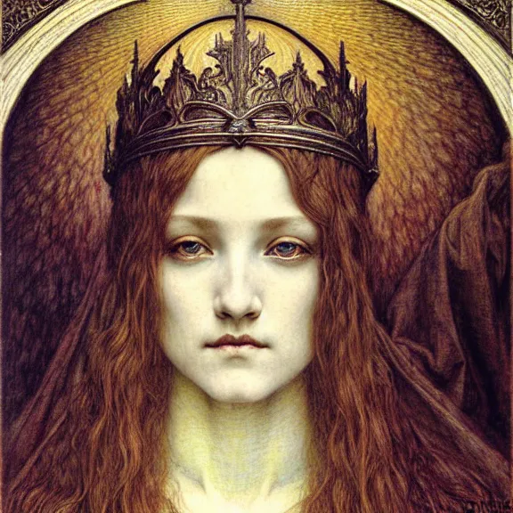 Image similar to detailed realistic beautiful young medieval queen face portrait by jean delville, gustave dore and marco mazzoni, art nouveau, symbolist, visionary, gothic, pre - raphaelite. horizontal symmetry