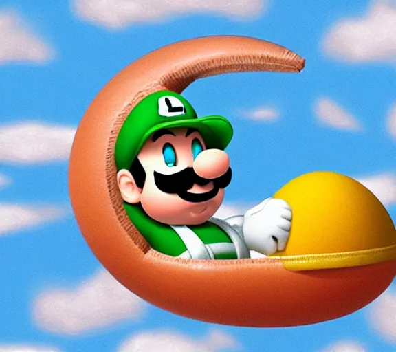 Image similar to luigi floating on an egg over the sea