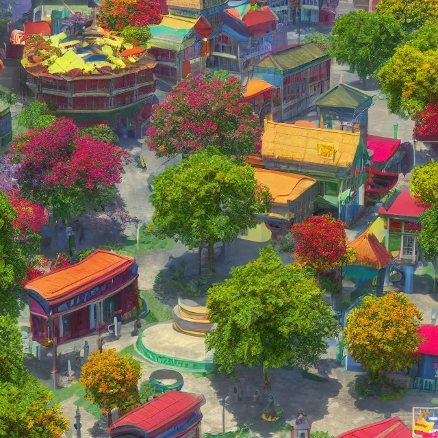 Image similar to colorful colonial city built in a ring around a giant maple tree, huge tree, cinematic, volumetric, realistic, cinematic lighting, ray tracing, unreal engine 5, octane render, hyper realistic, photo, 8 k