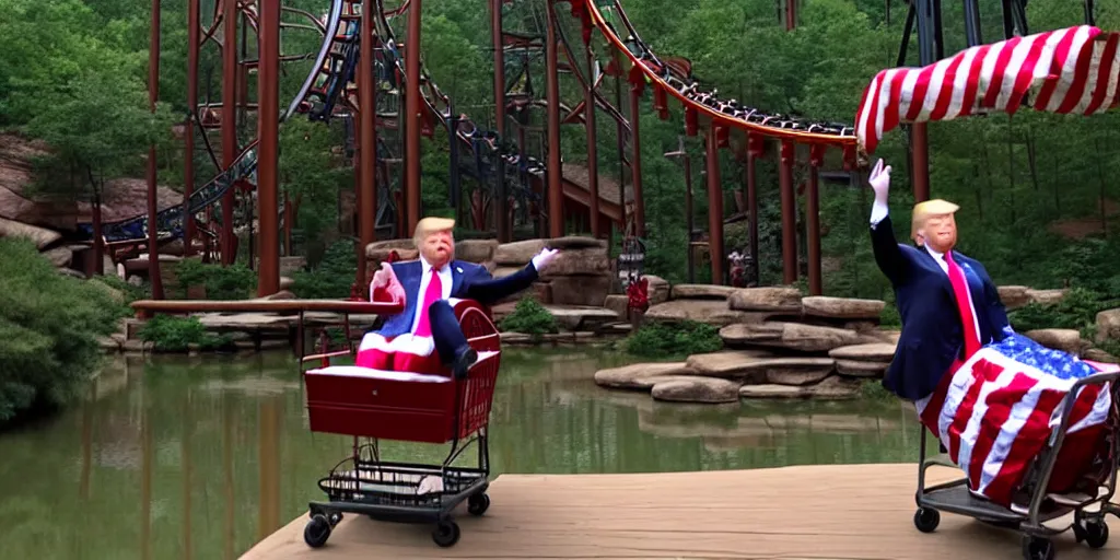 Prompt: Donald trump falls off of a trolly and cries, caught in 4K, taken in Silver Dollar City