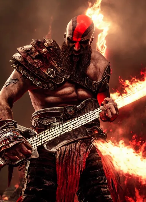 Image similar to red right eye paint stripe armored screaming kratos rocking hard on a flaming stratocaster guitar, cinematic render, god of war 2 0 1 8, playstation studios official media, lightning, flames, clear, coherent, guitar