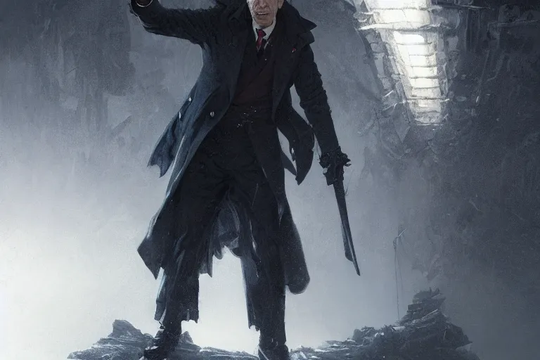 Prompt: Joe Biden is a vampire hunter in a trench coat, hyperdetailed, artstation, cgsociety, by greg rutkowski, by Gustave Dore