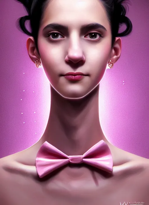 Image similar to portrait of high school girl, realistic, black hair, bangs, half updo hairstyle, pointy nose, skinny, smile, ugly, defined jawline, big chin, pink hair bow, earrings, intricate, elegant, glowing lights, highly detailed, digital painting, artstation, sharp focus, illustration, art by wlop, mars ravelo and greg rutkowski