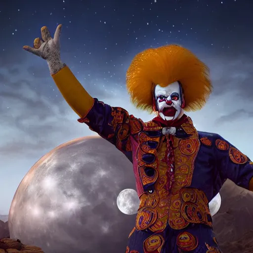 Prompt: the image of clownvis presley with outstretched arms between the moon and the sun and a thousand stars ultra realistic, concept art, intricate details, serious, highly detailed, photorealistic, octane render, 8 k, unreal engine, art by todd mcfarlane and artgerm and greg rutkowski and alphonse mucha