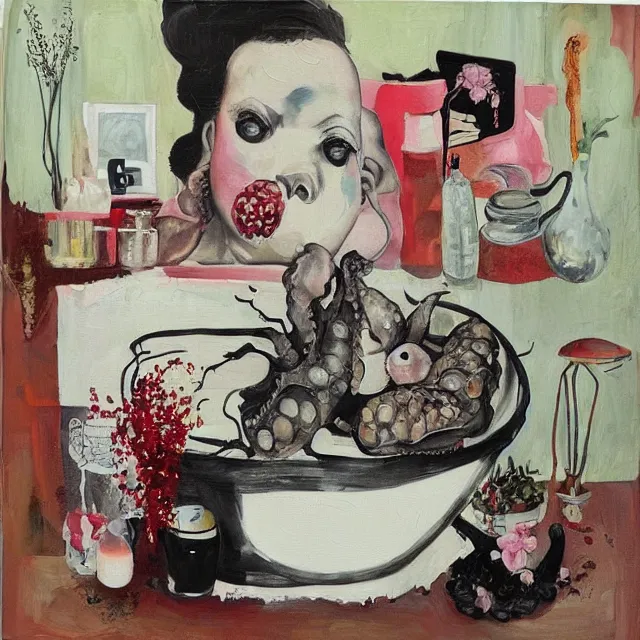 Image similar to “ a portrait in a female art student ’ s apartment, sensual, a pig theme, pork, bath, art supplies, surgical iv bag, octopus, ikebana, herbs, a candle dripping white wax, japanese pottery, squashed berries, berry juice drips, acrylic and spray paint and oilstick on canvas, surrealism, neoexpressionism ”